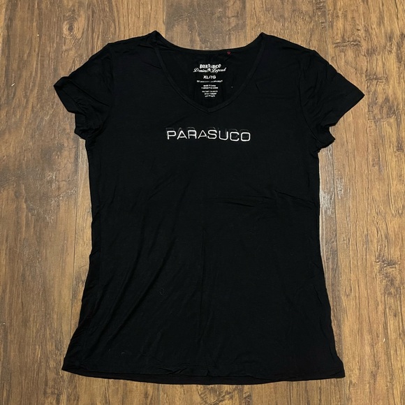 Parasuco black logo T shirt silky smooth viscose & spandex XL - Picture 1 of 5